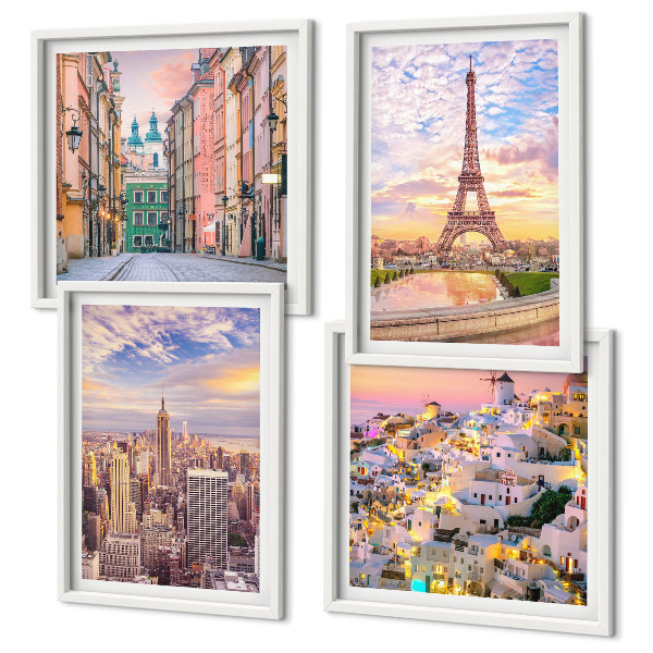 Mur de tableaux New york paris oia varsovie crépuscule