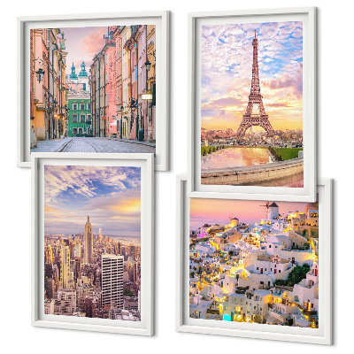 Mur de tableaux New york paris oia varsovie crépuscule