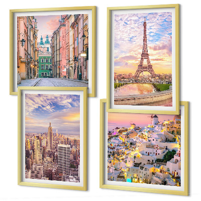 Mur de tableaux New york paris oia varsovie crépuscule