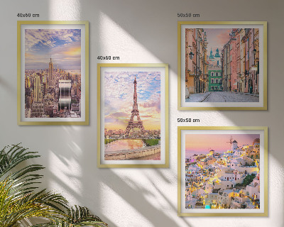 Mur de tableaux New york paris oia varsovie crépuscule
