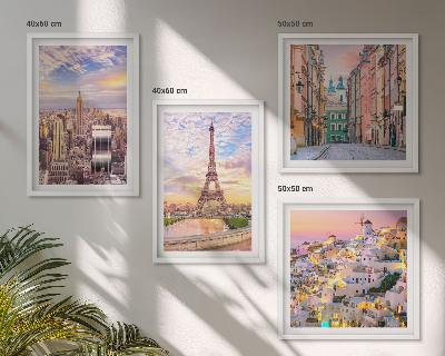 Mur de tableaux New york paris oia varsovie crépuscule