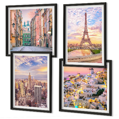 Mur de tableaux New york paris oia varsovie crépuscule