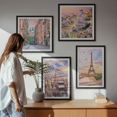 Mur de tableaux New york paris oia varsovie crépuscule