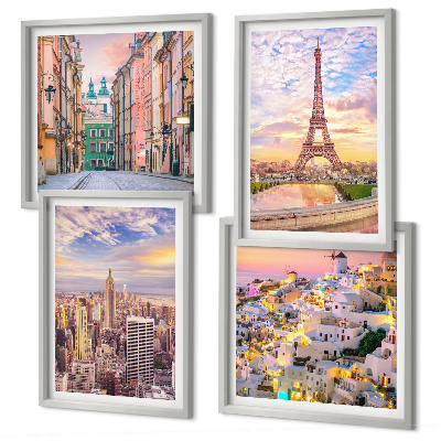 Mur de tableaux New york paris oia varsovie crépuscule