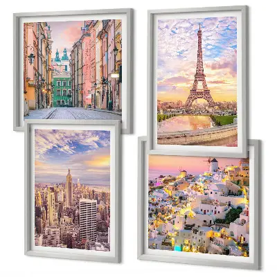 Mur de tableaux représentant les villes de New York, Paris, Oia et Varsovie au crépuscule