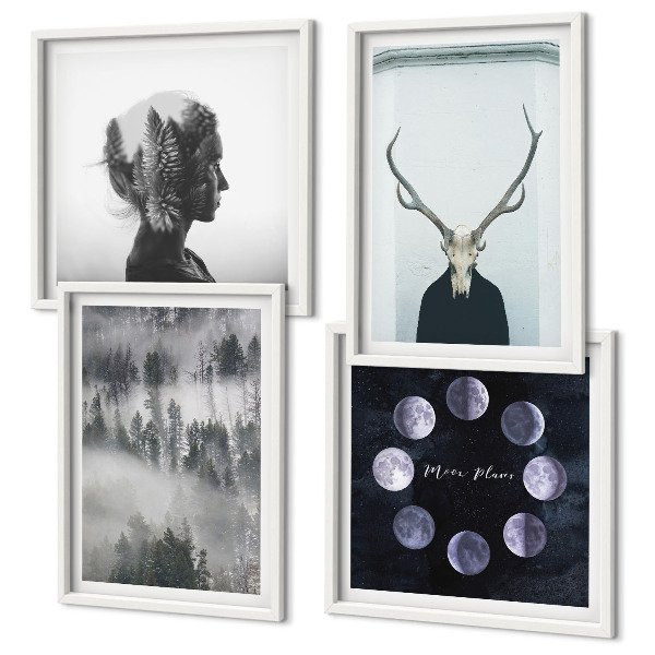 Ensemble de 4 tableaux Brouillard de forêt lune crâne femme