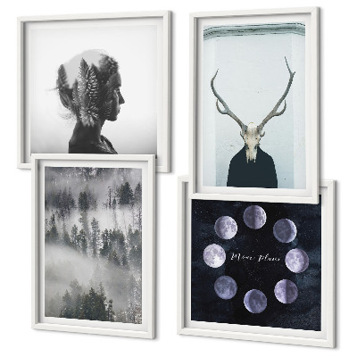 Ensemble de 4 tableaux Brouillard de forêt lune crâne femme