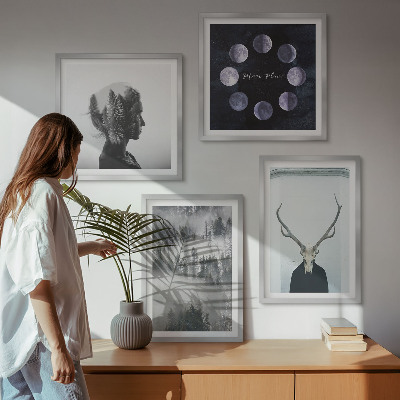 Ensemble de 4 tableaux Brouillard de forêt lune crâne femme