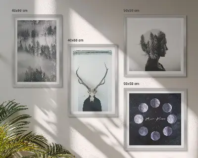 Ensemble de 4 tableaux représentant une femme, un crâne, la lune et une forêt dans le brouillard