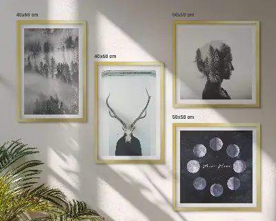 Ensemble de 4 tableaux représentant une femme, un crâne, la lune et une forêt dans le brouillard