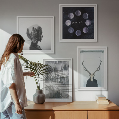Ensemble de 4 tableaux Brouillard de forêt lune crâne femme