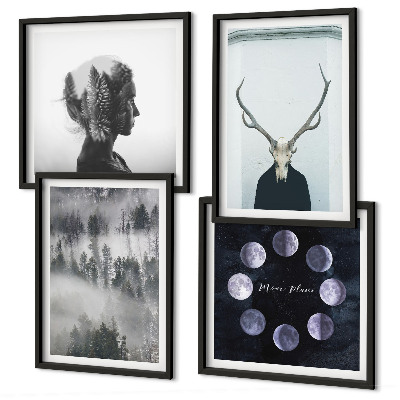 Ensemble de 4 tableaux Brouillard de forêt lune crâne femme