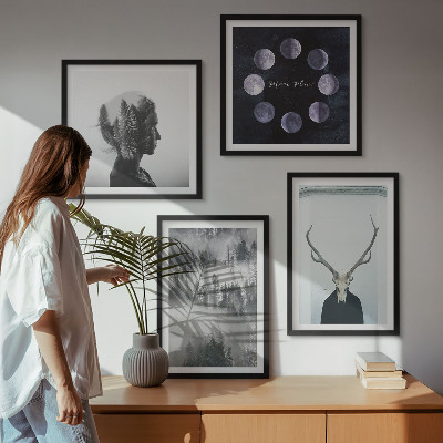 Ensemble de 4 tableaux Brouillard de forêt lune crâne femme