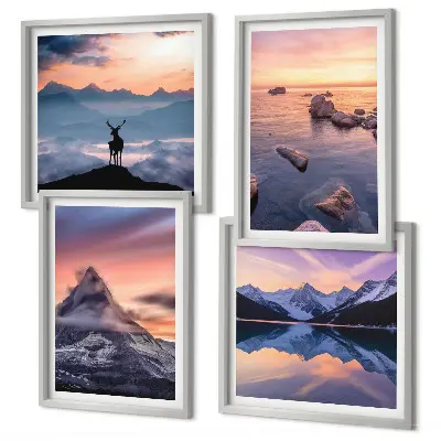 Tableau polyptyque 4 cadres paysages de lacs et montagnes avec cerf