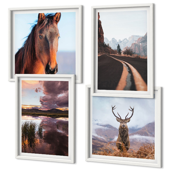 Ensemble de 4 tableaux Paysages de montagne, route à chevaux et rennes