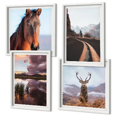 Ensemble de 4 tableaux paysages de montagne avec route à chevaux et rennes