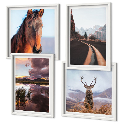 Ensemble de 4 tableaux Paysages de montagne, route à chevaux et rennes