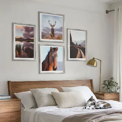 Ensemble de 4 tableaux paysages de montagne avec route à chevaux et rennes