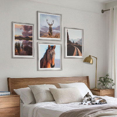 Ensemble de 4 tableaux Paysages de montagne, route à chevaux et rennes
