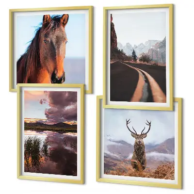 Ensemble de 4 tableaux paysages de montagne avec route à chevaux et rennes
