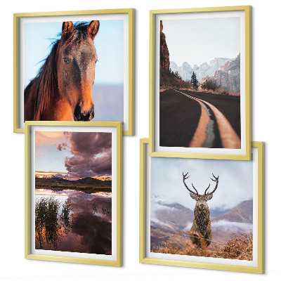 Ensemble de 4 tableaux Paysages de montagne, route à chevaux et rennes