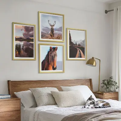 Ensemble de 4 tableaux paysages de montagne avec route à chevaux et rennes