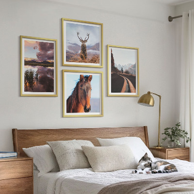 Ensemble de 4 tableaux Paysages de montagne, route à chevaux et rennes