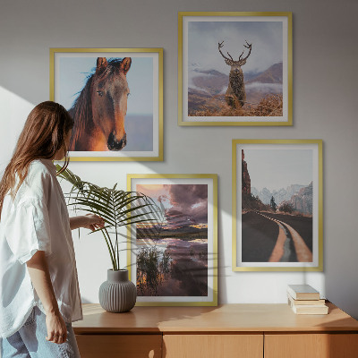 Ensemble de 4 tableaux Paysages de montagne, route à chevaux et rennes