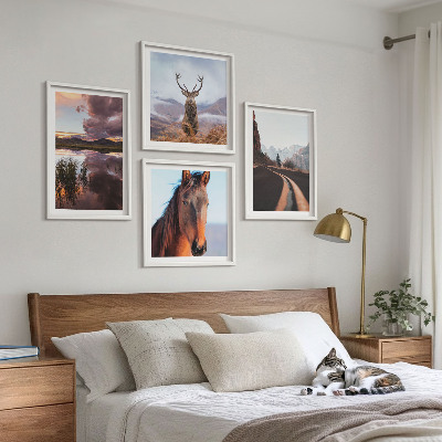 Ensemble de 4 tableaux Paysages de montagne, route à chevaux et rennes