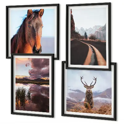 Ensemble de 4 tableaux paysages de montagne avec route à chevaux et rennes
