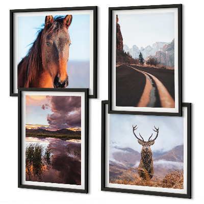 Ensemble de 4 tableaux Paysages de montagne, route à chevaux et rennes