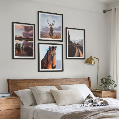 Ensemble de 4 tableaux Paysages de montagne, route à chevaux et rennes