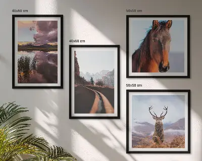 Ensemble de 4 tableaux paysages de montagne avec route à chevaux et rennes