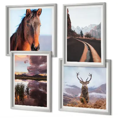Ensemble de 4 tableaux paysages de montagne avec route à chevaux et rennes