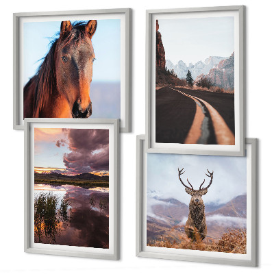 Ensemble de 4 tableaux Paysages de montagne, route à chevaux et rennes