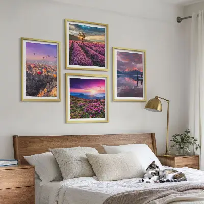 Coucher de soleil sur les champs de lavande tableau polyptyque 3 cadres