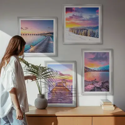 Ensemble de 4 tableaux représentant un paysage hivernal de montagne avec une jetée