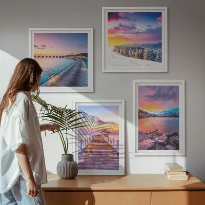 Ensemble de 4 tableaux représentant un paysage hivernal de montagne avec une jetée