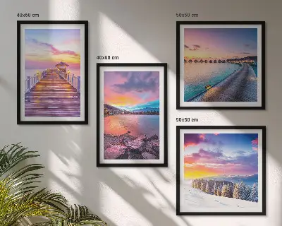 Ensemble de 4 tableaux représentant un paysage hivernal de montagne avec une jetée