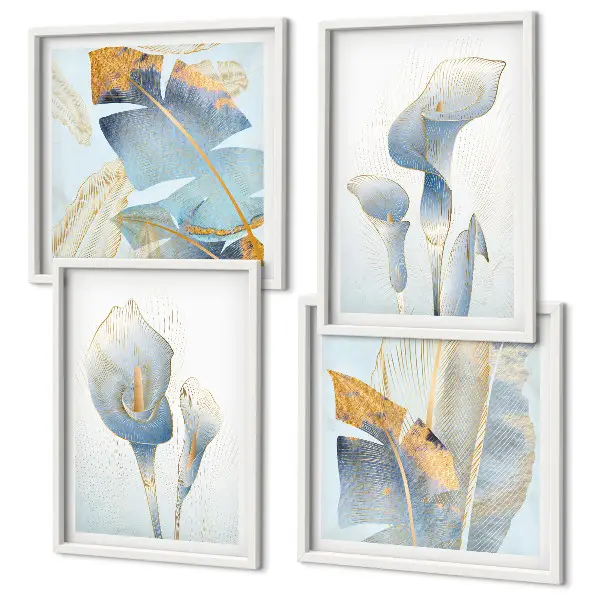Tableau polyptyque de 5 cadres fleurs bleues sur fond artistique