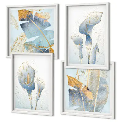 Tableau polyptyque de 5 cadres fleurs bleues sur fond artistique