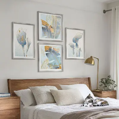 Tableau polyptyque de 5 cadres fleurs bleues sur fond artistique