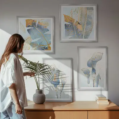 Tableau polyptyque de 5 cadres fleurs bleues sur fond artistique