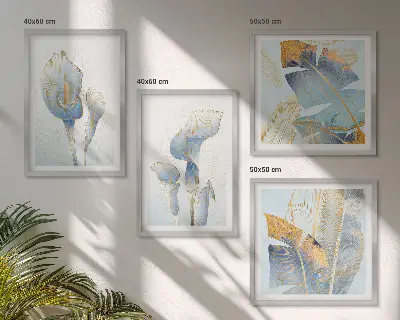 Tableau polyptyque de 5 cadres fleurs bleues sur fond artistique