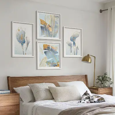 Tableau polyptyque de 5 cadres fleurs bleues sur fond artistique
