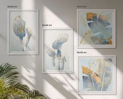 Tableau polyptyque de 5 cadres fleurs bleues sur fond artistique