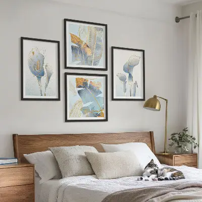 Tableau polyptyque de 5 cadres fleurs bleues sur fond artistique