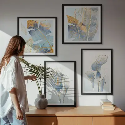 Tableau polyptyque de 5 cadres fleurs bleues sur fond artistique