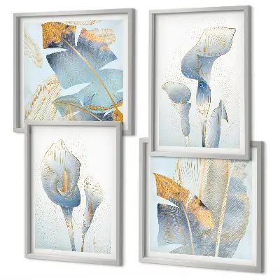 Tableau polyptyque de 5 cadres fleurs bleues sur fond artistique