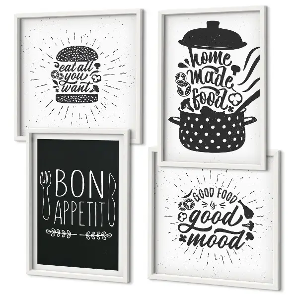 Mur de tableaux graphiques avec slogans culinaires et illustrations d'aliments